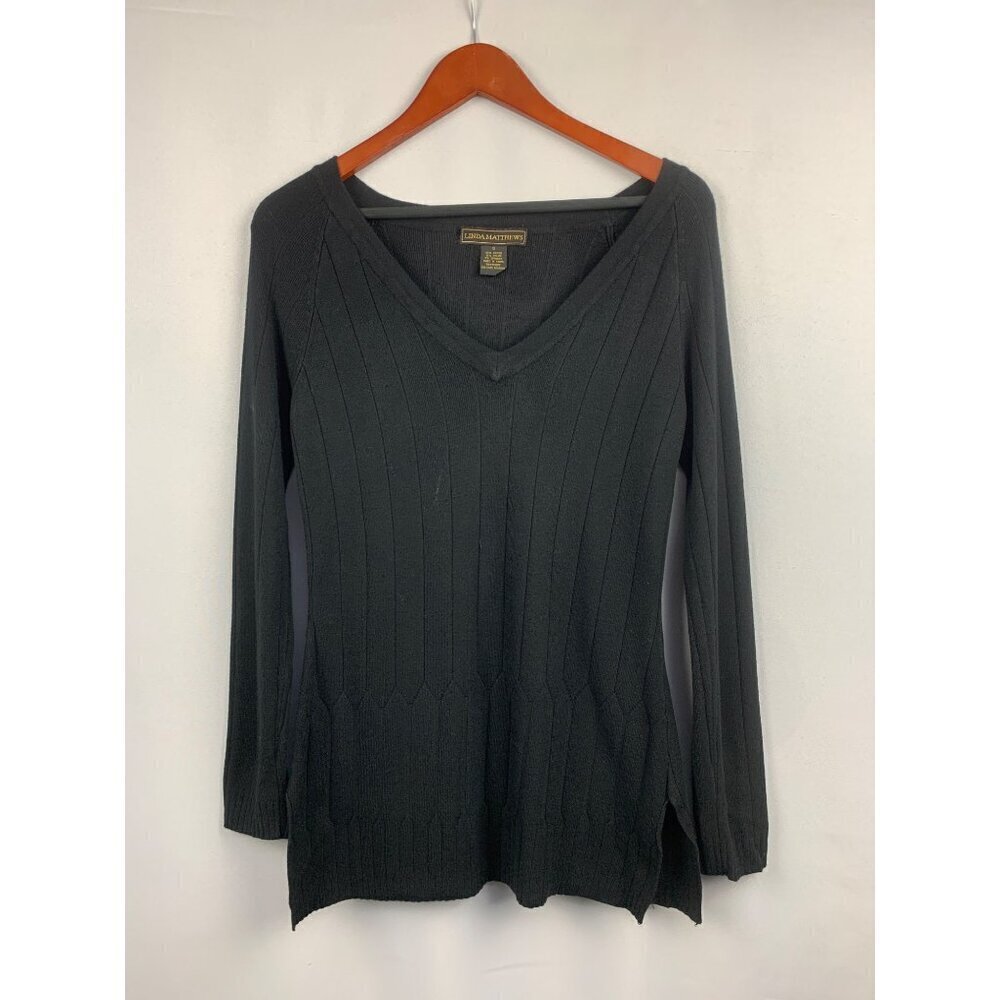 Linda Matthews Black V-Neck Ribbed Sweater Womens Size S